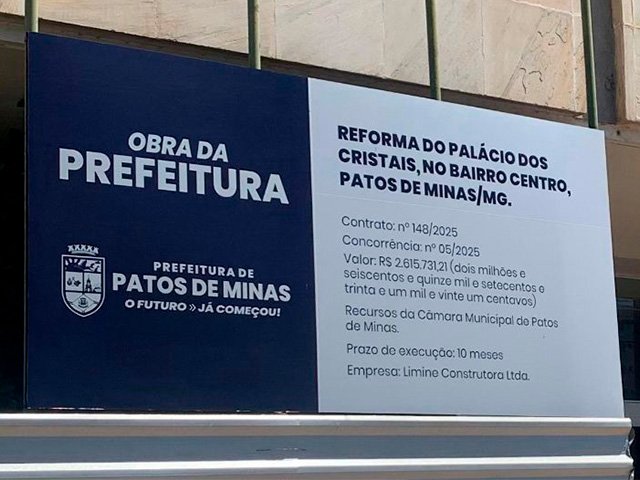 Câmara Municipal de Patos de Minas repassa mais R$ 1,6 milhões ao Executivo para reforma do Palácio dos Cristais – futura sede do Legislativo