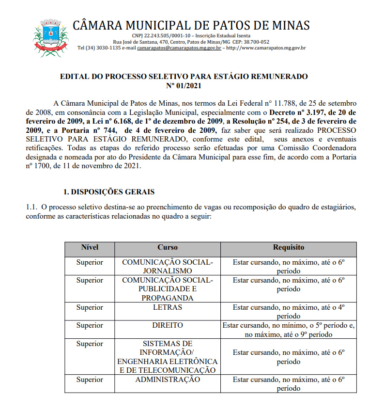 Câmara Municipal de Patos de Minas abre processo seletivo para estágio remunerado 